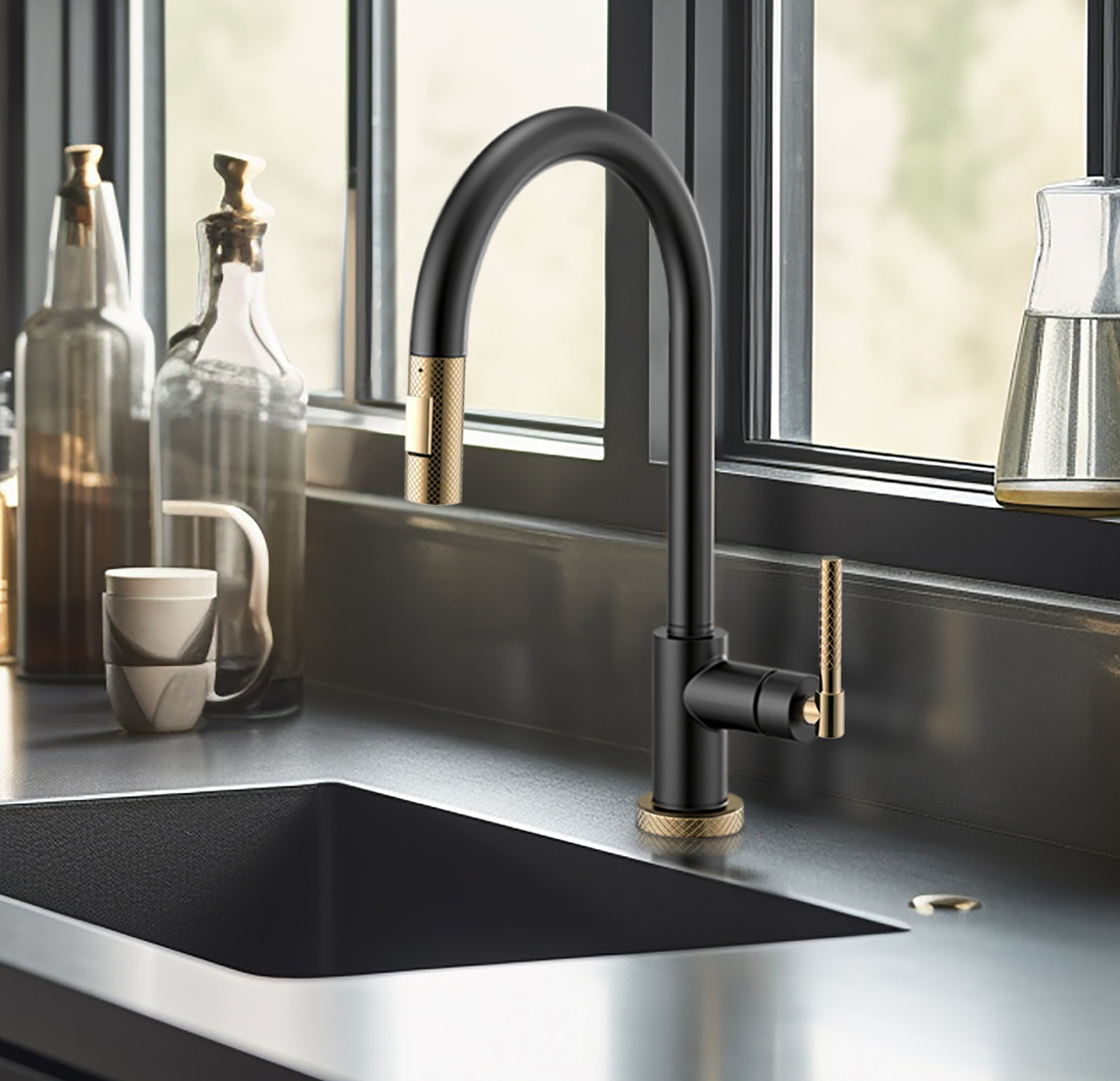 A kitchen faucet installed in a kitchen