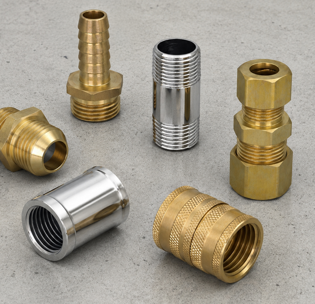 Six silver and gold specialty brass fittings