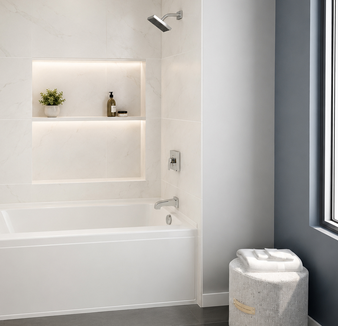 A tub and shower with Everflow products.