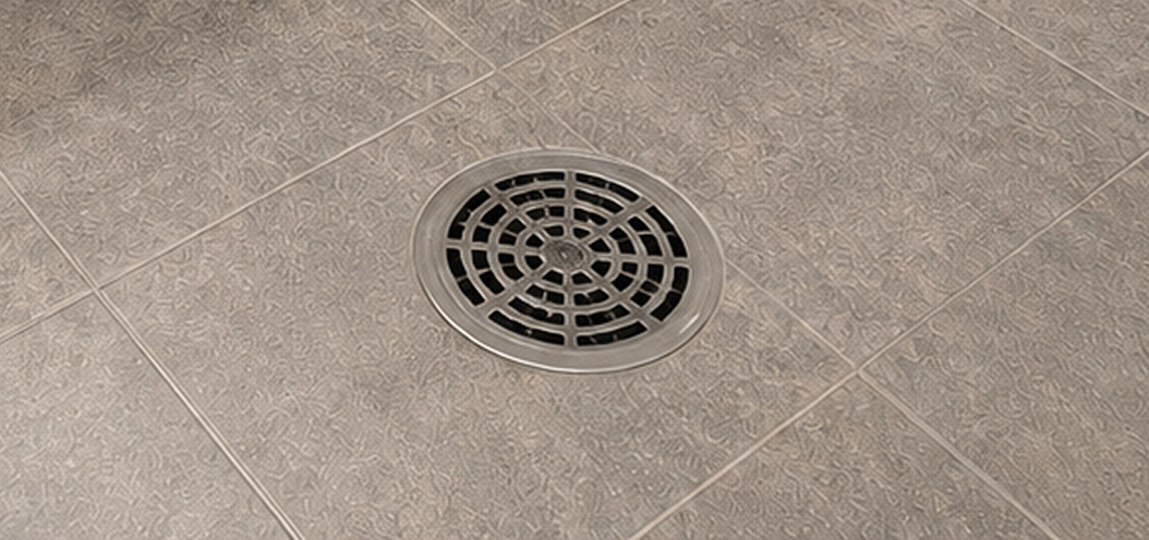 A water drain in a bathroom
