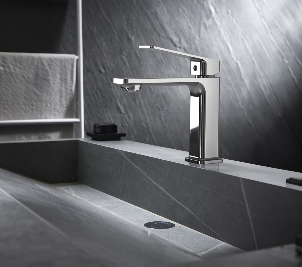 A faucet fixture in a bathroom