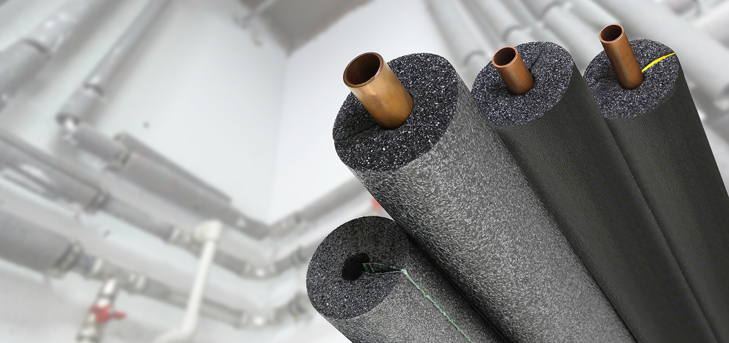 Four plumbing pipe insulation rolls.